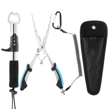 Imagem de QWLWBU Conjunto de equipamento de pesca, alicate de pesca de nariz longo de aço inoxidável 21,6 cm, conjunto de alicates e pinças de pesca, garra de lábio de peixe, cordão e bainhas telescópicas,