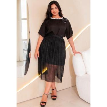 Imagem de Saia Midi Plus Size em Tule Plissado - It Curves, Preto, 52