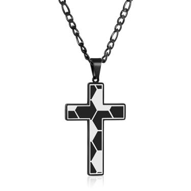 Imagem de Colar preto com cruz de futebol para homens, colar com pingente de cruz de aço inoxidável, joia esportiva religiosa cristã, presente para filho, namorado, marido, Standard, Aço inoxidável, Sem Pedra