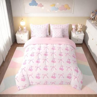 Imagem de Manfei Conjunto de edredom de 7 peças, solteiro, com laço de desenho animado rosa, borboleta, nó de princesa, laço de cereja, patchwork romântico (edredom + lençol de cima + 2 fronhas + 2 fronhas de