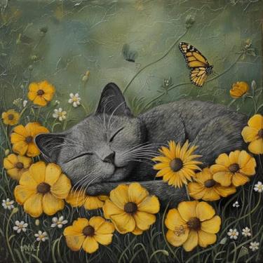 Imagem de Gato cinza dormindo em flores amarelas DIY kits de pintura de diamante 5D para adultos pintura de arte de diamante redondo completo fácil para iniciantes gemas ponto cruz mosaico artesanato para