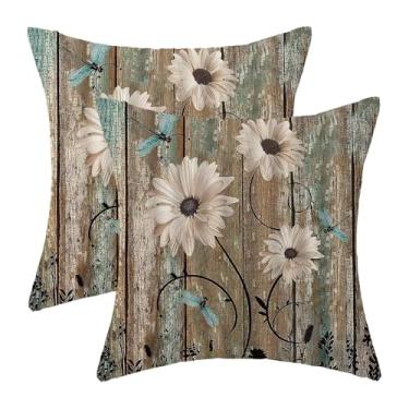 Imagem de AEIOAE Capas de almofada vintage rústicas margaridas 61 x 61 cm, conjunto de 2 capas de almofada decorativas azul-petróleo libélula margarida floral de madeira decorativa casa de fazenda flores de