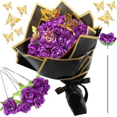 Imagem de Riceshoot 25 conjuntos de buquê de rosas DIY rosas falsas com hastes kit de buquê de flores falsas coroa de papel de embrulho borboletas 3D para presente de casamento de aniversário de formatura (roxo