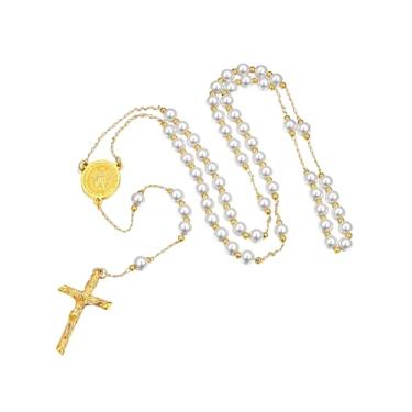 Imagem de ChainsHouse Colar católico de terço feminino, aço inoxidável/preto/banhado a ouro 14K com contas de pérolas de vidro (caixa de presente enviada), Aço inoxidável, Pérola sintética
