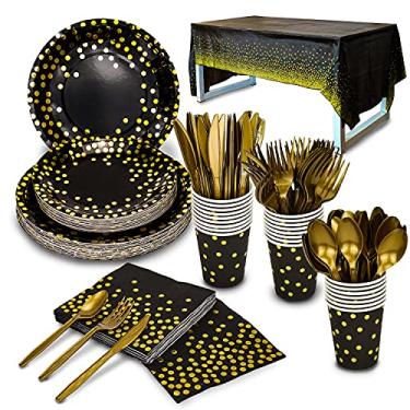 Imagem de Conjunto de 176 peças de louça de festa descartável de ouro e louça de festa descartável de bolinhas douradas - pratos de papel preto, copos, garfos de plástico dourado, facas e colheres