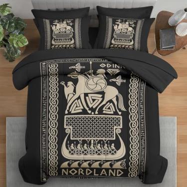 Imagem de Pamnest Jogo de edredom casal, gótico vintage viking, 7 peças, símbolo de runas medievais, preto, para crianças e adultos, lençol com elástico, 2 fronhas e 2 fronhas para decoração de quarto