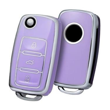 Imagem de ELOHEI Capa para chaveiro VW, TPU macio premium de 361 graus, proteção total para VW Volkswagen Jetta Beetle Tiguan Passat Golf MK6 Polo 3 botões (borda prateada roxa)