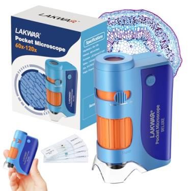 Imagem de LAKWAR Microscópio de bolso para crianças e adultos, microscópio portátil de 60 x 120 x com 5 lâminas de microscópio, minicroscópio para crianças, estudantes, adultos, educação em laboratório de
