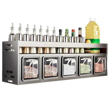 Imagem de Porta-temperos de cozinha, organizador de cozinha e rack de armazenamento com 5 colheres, organização de especiarias para armários sem perfuração, parede/bancada, decoração de casa, multifuncional de