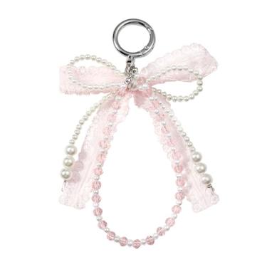 Imagem de ZOONAI Pingente de bolsa de mão com laço de pérola de renda para bolsas, chaveiro de pérola com pingente de bolsa para mulheres e meninas (rosa)