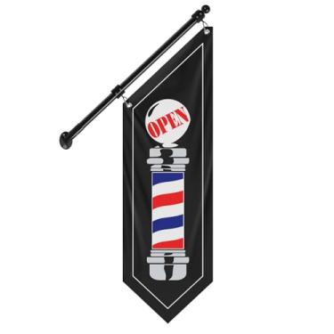Imagem de QSUM Bandeira de parede de barbearia, placa externa de lona dupla face com poste de aço inoxidável e suporte de parede, banner de barbeiro suspenso à prova de intempéries para corte de cabelo - 30,5 x