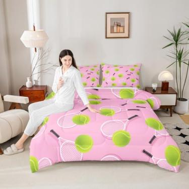 Imagem de Erosebridal Conjunto de edredom infantil tamanho casal, bola rosa de microfibra para meninos e meninas amantes de tênis, bola de raquete esportiva respirável, enchimento de edredom para quarto