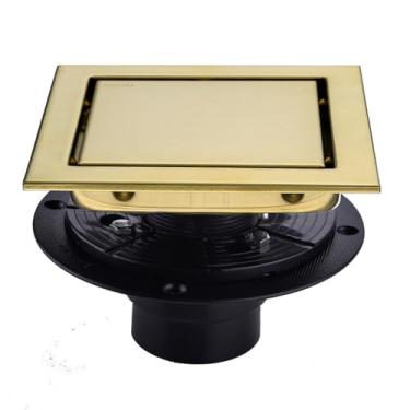 Imagem de RANDOM Ralo de Chuveiro Quadrado Dourado Escovado com Flange de Base Ajustável, Kit de Ralo de Piso de Aço Inoxidável Sus304 de 6" com Inserção de Ladrilho, Tampa de Ralo de Chuvei (Quadrado De 6 Pole