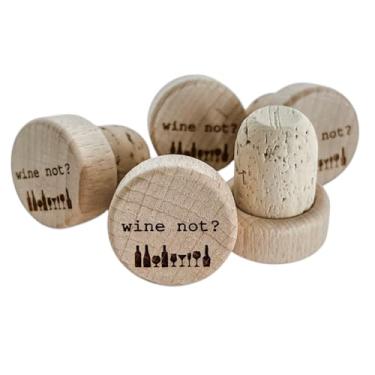 Imagem de Rolha de garrafa de vinho personalizada – "Wine Not?" – 5 peças de cortiça real gravada de madeira T-stopper lembrancinha de casamento presente de chá de panela selagem reutilizável