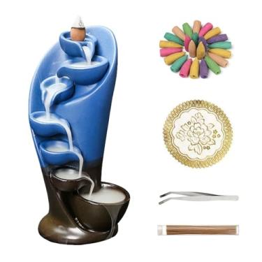 Imagem de YYW Suporte para queimador de incenso de refluxo feito à mão com 20 cones de incenso de refluxo, 30 bastões de incenso, 1 pinça, 1 tapete para meditação interna, ioga (azul marinho)