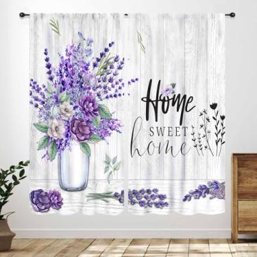 Imagem de Cortinas de cozinha rústicas roxas, fazenda, campo, vintage, flor, floral, doce, amor, casa, curta, café, para quarto, sala de estar, banheiro, 2 painéis, 106 x 113 cm