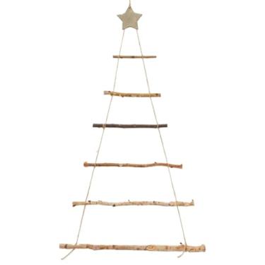 Imagem de Árvore de Natal de parede de madeira com topo de estrela 91 x 53 cm, árvore de madeira de 7 camadas triangulares para pendurar na parede, sem ornamentos, estilo 2