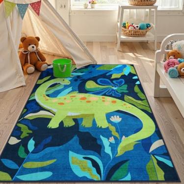 Imagem de LIVEBOX Tapetes laváveis de dinossauro 7,5 x 12,7 cm para quarto de meninos, tapete macio de animal para sala de jogos infantil, antiderrapante lavável para entrada, escritório, tapete infantil para