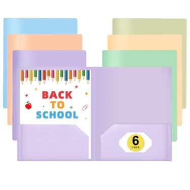 Imagem de Pacote com 6 pastas com bolsos, pasta de plástico com bolso pasta de arquivo pesada com etiquetas extras, pasta escolar de negócios, material de arquivamento de escritório, paleta de cores Macaron