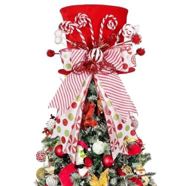 Imagem de Chapéu de árvore de Natal de bengala doce, chapéu de topo de árvore vermelha com laço de hortelã doce, enfeite de fita, cartola para decoração de árvore de Natal para decoração de árvore de Natal