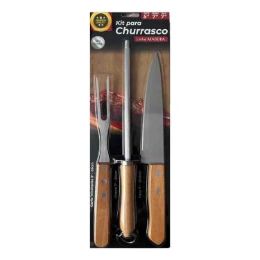 Imagem de Kit Para Churrasco Garfo Chaira E Faca Linha Madeira E Inox