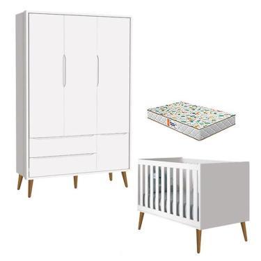 Imagem de Berço Americano E Guarda Roupa 3 Portas Theo Branco Pés Amadeirados Com Colchão Gazin ? Reller