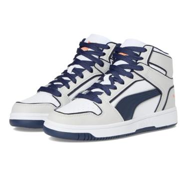 Imagem de PUMA Tênis infantil unissex Rebound Layup Mid Shoes (criança grande), Cinza glacial/azul marinho/laranja Rickie, 18