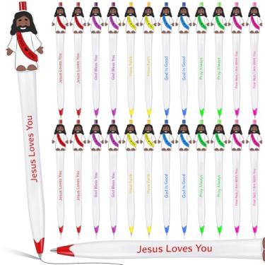 Imagem de Landical 24 peças de canetas esferográficas de pequeno Jesus com design original para lembrancinhas de festa religiosa, presentes de batismo na escola dominical (Jesus ama você, pele escura)