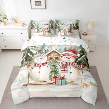 Imagem de Conjunto de edredom esportivo de Natal com desenho animado de boneco de neve, 7 peças, solteiro (1 edredom, 2 fronhas, 2 fronhas, 1 lençol de cima, 1 lençol de cima, 1 lençol com elástico)