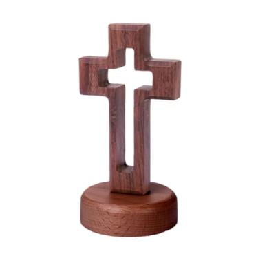 Imagem de IEUDNS Cruz de madeira para mesa, cruz de pé para prateleira, decoração católica, Base Redonda