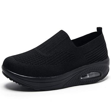 Imagem de EnllerviiD Tênis de caminhada feminino plataforma de malha respirável slip on casual de malha com almofada de ar, 2266preto, 5.5