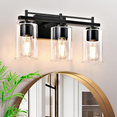 Imagem de Luminária de banheiro com 3 luzes, luminária moderna com cortina de vidro transparente, lâmpada de parede preta para espelho sala de estar, quarto, corredor