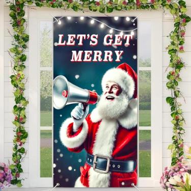 Imagem de BlissYard Capa de porta de Natal para portas festivas de inverno 188 x 89 cm Papai Noel com design de megafone alegre decoração de portas de entrada de férias faixa acolhedora para celebração sazonal