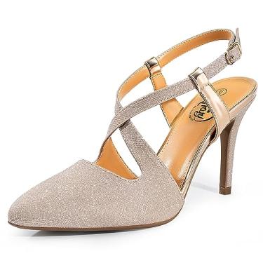 Imagem de Trary Sandálias femininas de salto agulha com bico fino, tira cruzada, fivela ajustável de 9,5 cm, sapatos modernos, confortáveis, para festas, formaturas, casamentos, Glittergold, 40