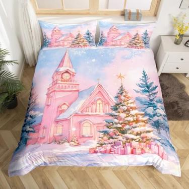 Imagem de Feelyou Conjunto de cama de feliz Natal rosa conjunto de capa de edredom casal árvore de Natal feliz natal e boneco de neve capa de edredom sonhador floco de neve capa de cama coleção de roupa de cama