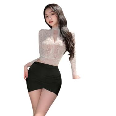 Imagem de SENJIY Lingerie sexy de secretária para mulheres, escritório, professor, uniforme OL, vestido curto, cosplay, fantasia, body para dramatização, babydoll, top de renda, colado ao corpo, conjunto de