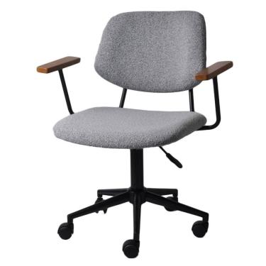 Imagem de Cadeira Escritório Giratória Riga Or Design Tecido Bouclé Cinza Braços em Madeira Base Rodízio Preto