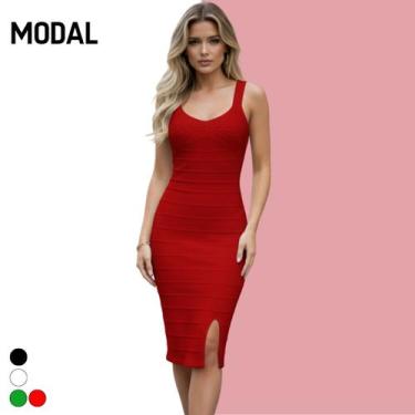 Imagem de Vestido Midi Tricot Modal Bandagem Fenda - Vitrine Collection, U, Verm
