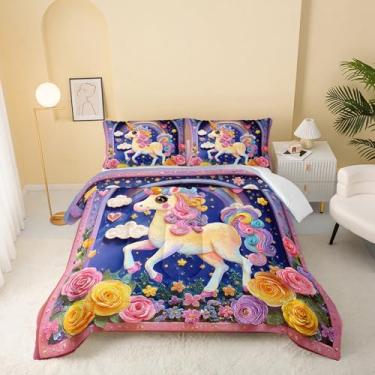 Imagem de QOOMO Conjunto de edredom infantil de unicórnio fofo, 3 peças, flores coloridas, para meninas, meninos, estampa animal, com 2 fronhas, microfibra leve para todas as estações