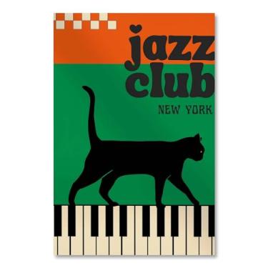 Imagem de Pôster de música retrô Jazz Club arte de parede em tela de gato preto impressão de arte moderna de meados do século pintura de piano vintage bar café sala de estar fotos de casa decoração de parede 20