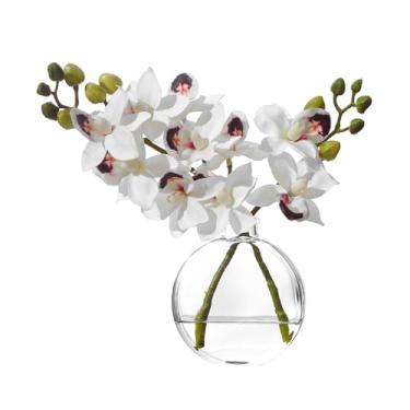 Imagem de Flores artificiais oriquídeas brancas artificiais em vaso de vidro transparente com água – centro de mesa de plantas falsas de seda para decoração de casa, prateleira, escritório e jantar, sem