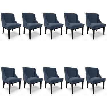 Imagem de Kit 10 Cadeiras Estofadas para Sala de Jantar Base Fixa de Madeira Preto Lia Suede Azul Marinho - Ib