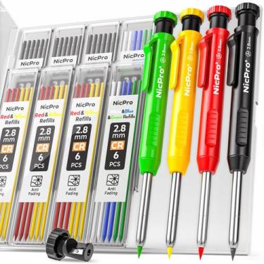 Imagem de Lápis de carpinteiro Nicpro com apontador, pacote com 4 e 52 recargas