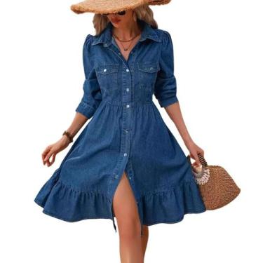 Imagem de Vestido jeans utcoco feminino Flowy 2024 de lapela, manga comprida, az