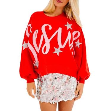 Imagem de Moletom SOOKABEILA Sequin Christmas para mulheres vinho tinto