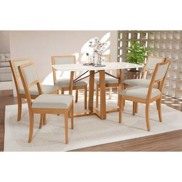 Imagem de Conjunto Sala de Jantar Elma Premium Madeira Maciça c/ Tampo Madeirado c/ Vidro 170x90cm e 6 Cadeiras Alice Carvalho/Off White - Linho Bege Argila-Kap
