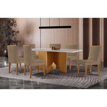 Imagem de Conjunto Sala de Jantar Nevada c/ Tampo Madeirado c/ Vidro Canto Curvo 180x90cm e 6 Cadeiras Dakota Madeira Maciça Naturale/Off White - Capuccino/Linh