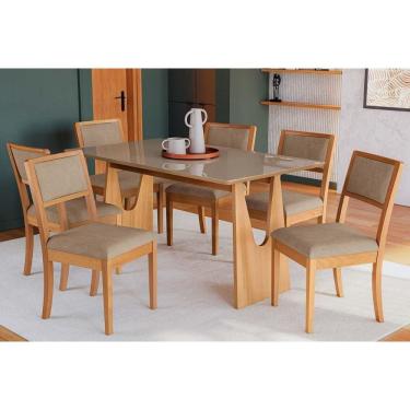 Imagem de Conjunto Sala de Jantar Mila Premium Madeira Maciça c/ Tampo Madeirado c/ Vidro 160x90cm e 6 Cadeiras Alice Carvalho/Freijo Bronze - Boucle Bege Fendi