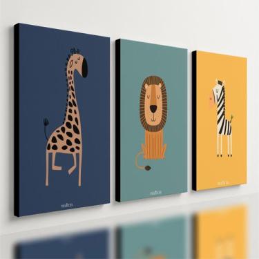 Imagem de Kit 3 Quadro Decorativo Animais Safari Quarto Infantil Menino 28x20cm 