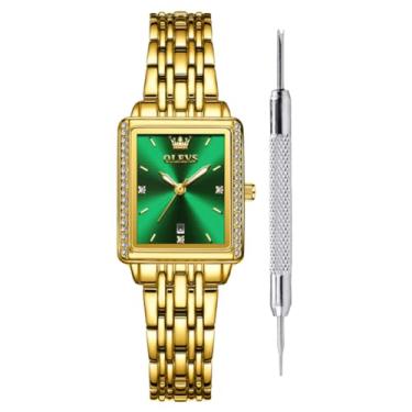 Imagem de OLEVS Relógio feminino moderno e luxuoso com mostrador quadrado – pulseira de malha de aço inoxidável dourado retrô, quartzo analógico, à prova d'água, elegante, fino, relógio social, amor próprio